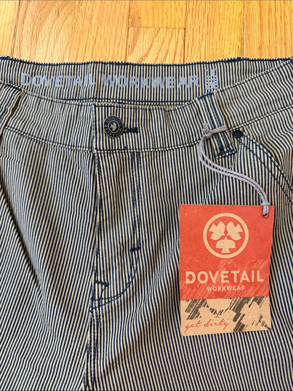 Dovetail Women’s Straight Fit Work Jeans in black and tan Pinstripe